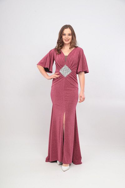 Robes Glittery V-neck Embroidered and Gathered Slit Fish Dress