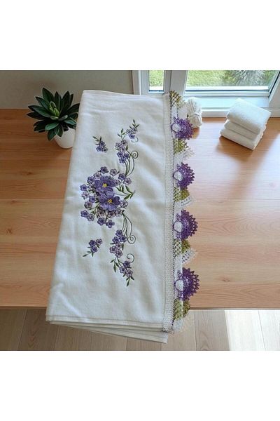 TUTUYA TEXTIL Βελονοειδής Χειροποίητη Βελούδινη Πετσέτα Χεριών 50 Χ90 εκ. Πετσέτα Προίκας Δαντελωτή από τα δύο Πλαϊνά