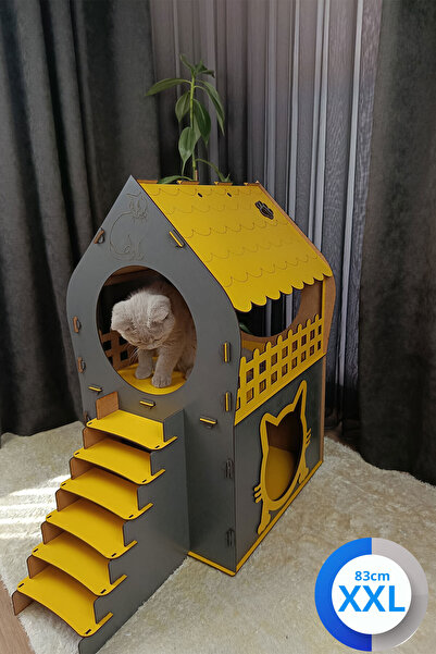 Genel Markalar XXL Kedi Evi – Antrasit Sarı, Merdivenli, İki Katlı MDF, 83×81...