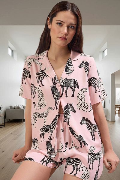 PayBuy Women's Animal Patterned Viscose Pajama Set with Shorts Comfortable Summer High Quality Premium
