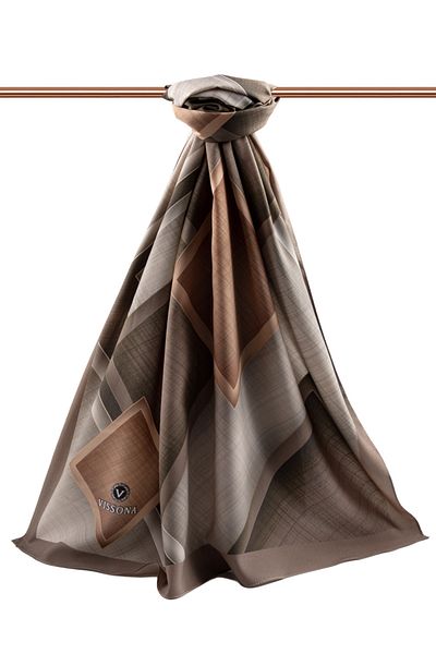 Vissona Луксозен шал Medina Silk Textured Diamond с ромбовиден мотив, кафяв - кафяв цвят, 75x195, без намачкване, мъхест креп бод тениска