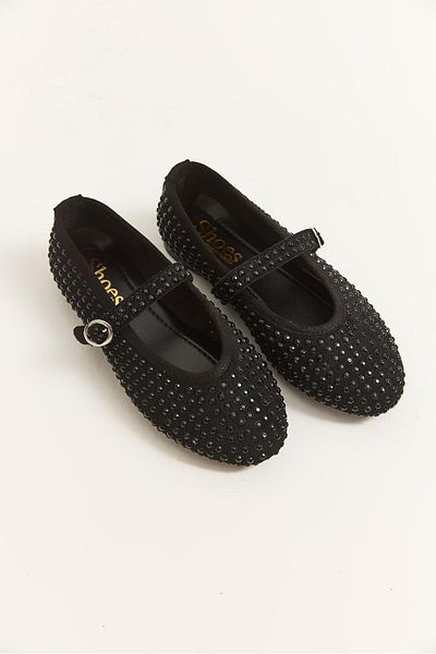 Raneel Kazançlı Alışveriş Single Strap Stone Detailed Women's Ballerina Black