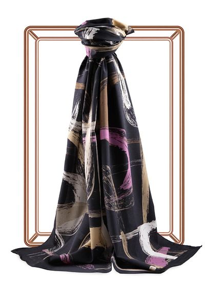 Vissona Luxury Medina Silk Brush Patterned Black - Beige Colored 75X195 Wrinkle-Free Shawl Moss Crepe Stitching Type Italian