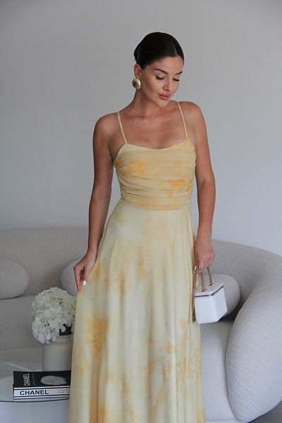 Julidress Yellow Strapless Patterned Lined Premium Chiffon Tulle Dress with Straps