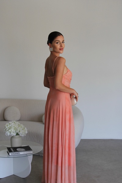 Julidress Orange Strapless Patterned Lined Premium Chiffon Tulle Dress with Straps