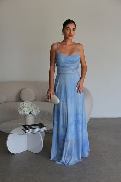 Julidress Φόρεμα Premium σιφόν τούλι με μπλε λουράκι με στράπλες μοτίβο