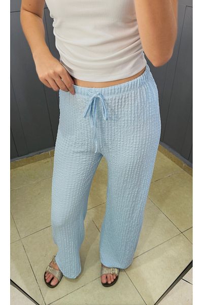 peri tower Seersucker Wrinkle Lace up High Waist Trousers 0030