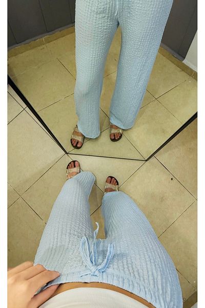 peri tower Seersucker Wrinkle Lace up High Waist Trousers 0030