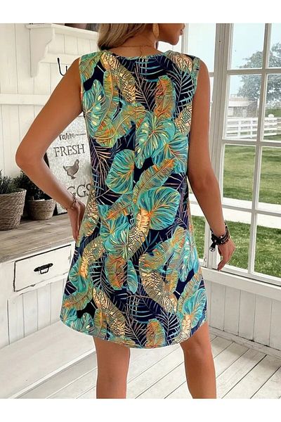 Gökyüzü Moda Women's Zero Sleeve Round Neck Patterned Single Jersey Dress