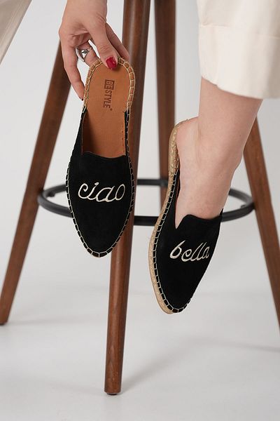 Bestyle Ciao Women's Black Real Suede Leather Espadrille Slippers