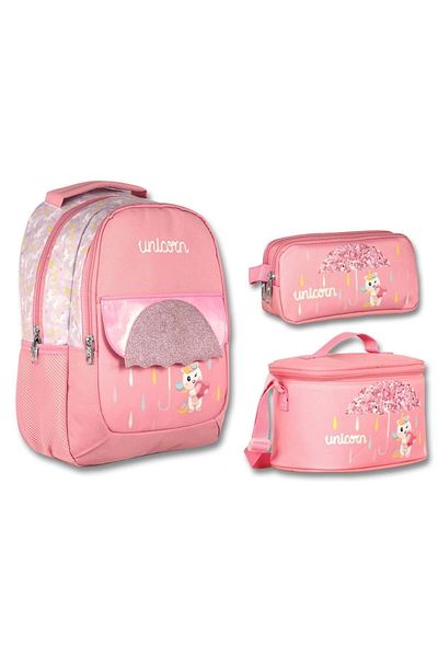 ÜMİT ÇANTA Pink Unicorn Printed Glittered Girl's Primary School Bag - Set of Three