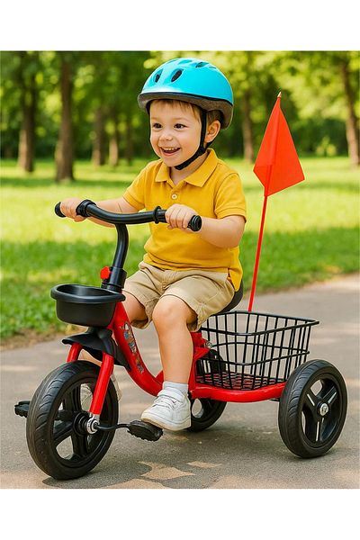 MASA Kids Pedal Tricycle with Rear Basket & Flag – Sturdy Frame, Multiple Colors