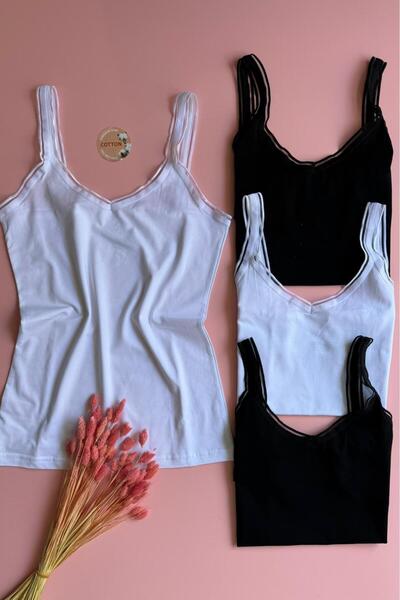 Elosia Elva Sheer. |   4-Piece Black and White Color Tulle Detailed Strap V-Neck Women's T-Shirt Undershirt 64E60