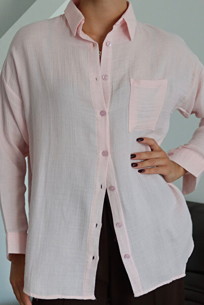 Mogi Butik Cămașă de bază oversize de muselină pentru femei cu buzunare 3079