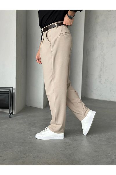MENOFOURSWEAR Beige Pleated Baggy Fabric Trousers
