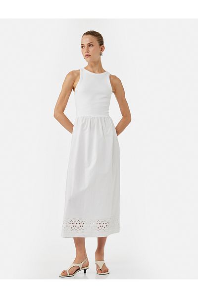 Koton X Melis Ağazat - Cotton Sleeveless Crew Neck Scalloped Midi Length Flared Dress