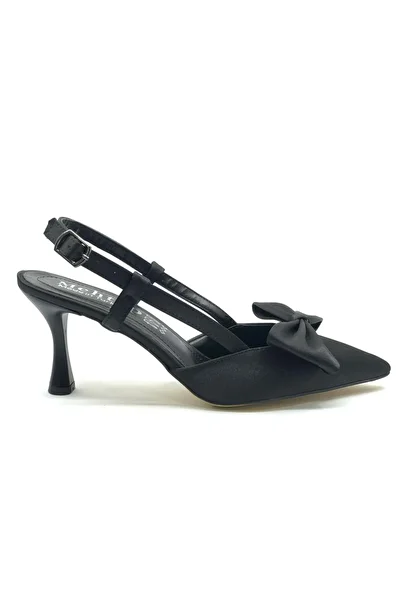 KOCAMANLAR Mehtap Ribbon Detailed Open Back Stiletto Women's Heeled Shoes Black