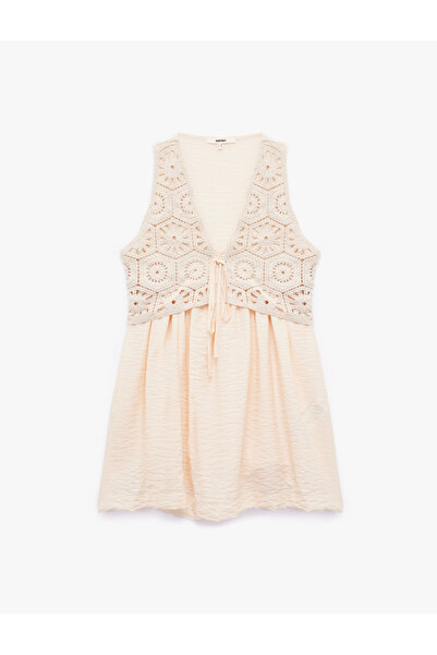 Koton V Neck Sleeveless A-Line Mini Crochet Detail Viscose Dress