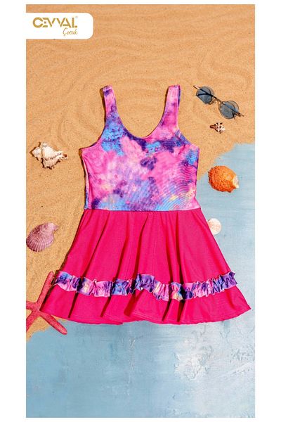 Elayza With Skirt Rubbed Batik Patterned Sleeve Panty Girl's Swimwear Dress
