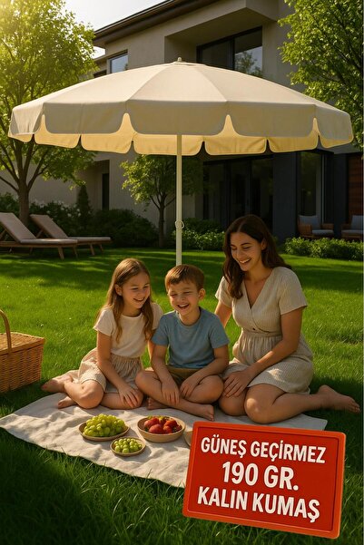Genel Markalar Şemsiye Plaj, Güneş ve Balkon Şemsiyesi Krem Renk Kalın Kumaş 10 Telli 200cm Çap