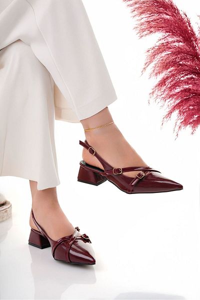 Zaza moda Cross Buckle Detailed Burgundy Patent Leather Women's Heeled Shoes