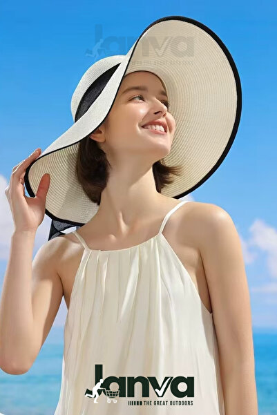 Janva Şapka Hasır Plaj Aksesuarı Fötür Dalgalı Örgü Güneş Koruyucu Siperli 47cm LÜXARY