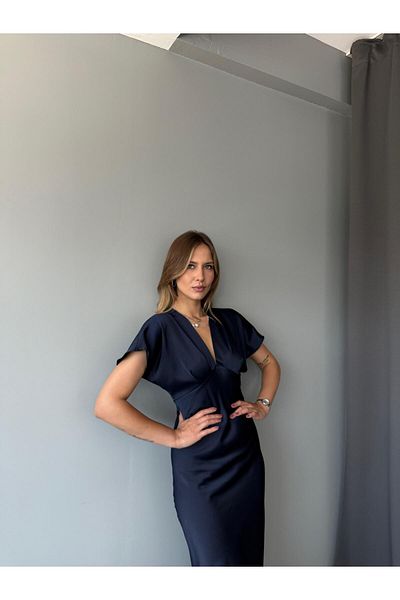 AlisaSu Women's Navy Blue V-Neck Satin Midi Dress