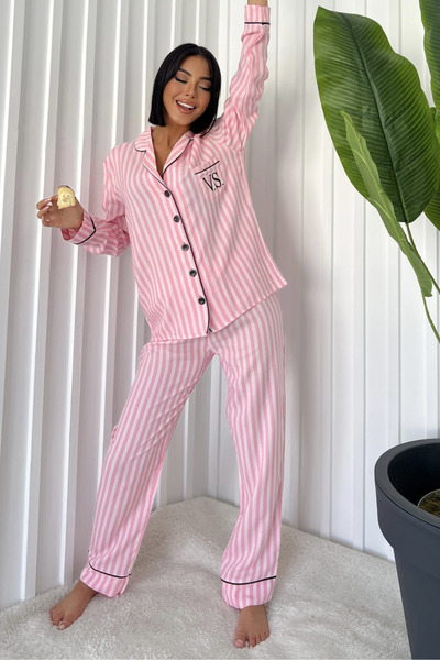 FENZO Női zsebes csíkos és elegáns csővel részletezett pamut viszkóz dupla rózsaszín alsó felső dupla szett