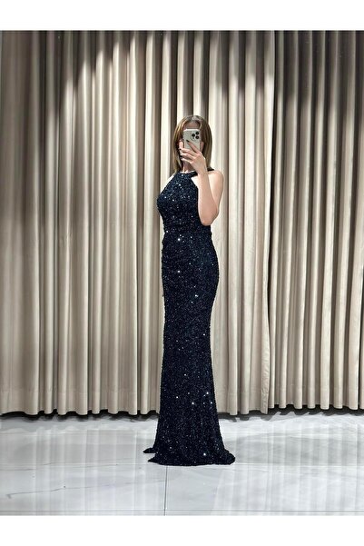 Kaleiçi Yıldızlar Lacivert Halter Yaka Pul Payet İşlemeli Abiye 1004