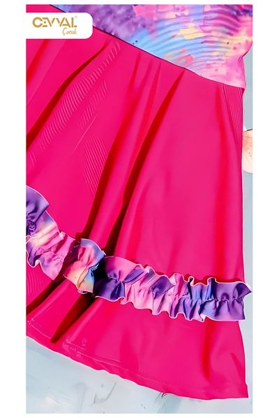 Elayza With Skirt Rubbed Batik Patterned Sleeve Panty Girl's Swimwear Dress