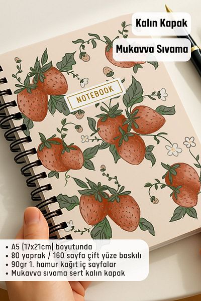 Eldesen Tasarım A5 Spiral Thick Cover Dotted Notepad, 80 Sheets 160 Pages, Strawberry
