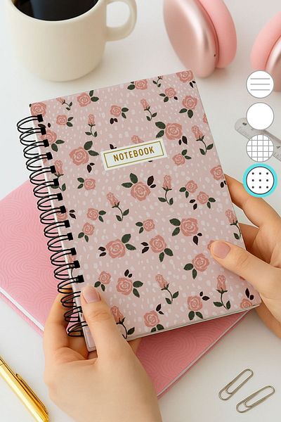 Eldesen Tasarım A5 Spiral Thick Cover Dotted Notepad, 80 Sheets 160 Pages, Pink Floral