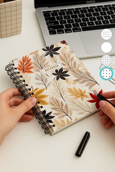Eldesen Tasarım A5 Spiral Thick Cover Dotted Notepad, 80 Sheets 160 Pages, Autumn Leaves