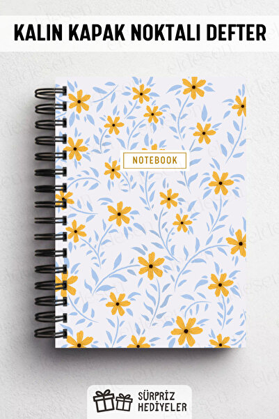 Eldesen Tasarım A5 Spiral Thick Cover Dotted Notepad, 80 Sheets 160 Pages, Daisy