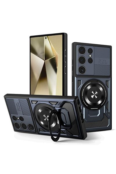 SKYDDAR INNOVATION Husă pentru Samsung Galaxy S24 Ultra, RuggedCam, inel magnetic anti-șoc, set de autocolante, albastră