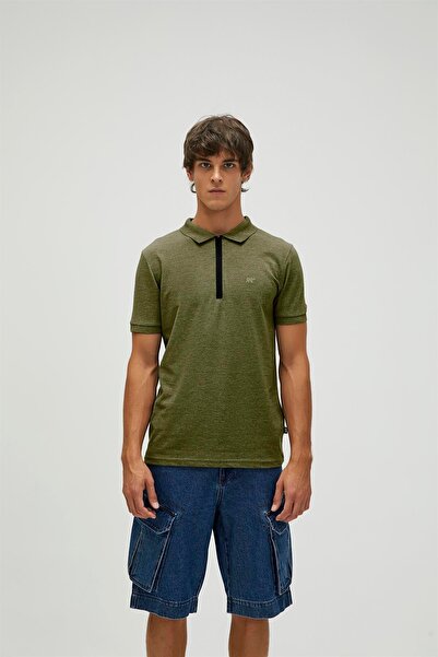 Bad Bear Cord Khaki Green Polo Neck Zippered Men's T-shirt
