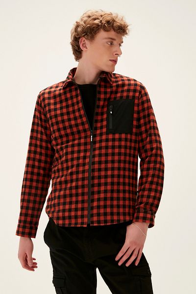 Bad Bear Liam Shirt Orange Checked Zippered Men's Shirt