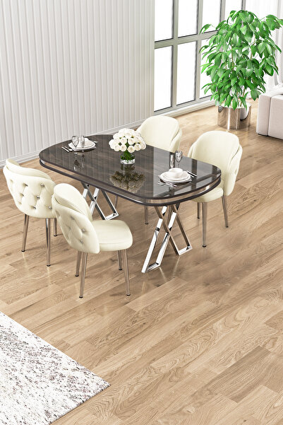 Canisa Zae Serisi 90x168 Lak Panel Antrasit Ironi Krom Ayak Masa Takımı 4 Kre...