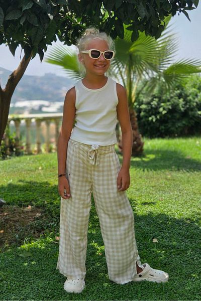 minojoy Beige Plaid Girl's Trousers - Diohen