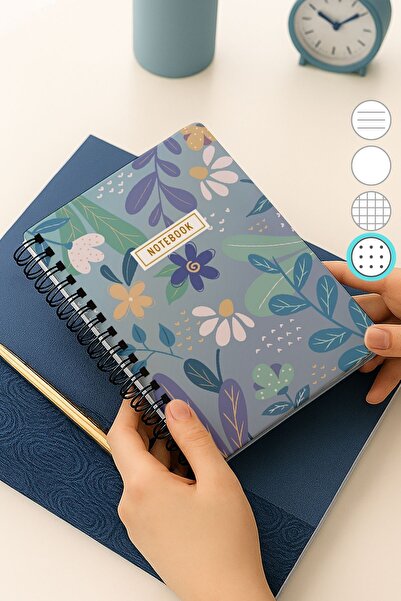 Eldesen Tasarım A5 Spiral Thick Cover Dotted Notepad, 80 Sheets 160 Pages, Blue Daisy