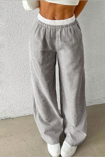 The Champ Clothing Women's Beige Striped Poplin Woven Trousers – High Waist Elastic Wide Leg Comfortable Model