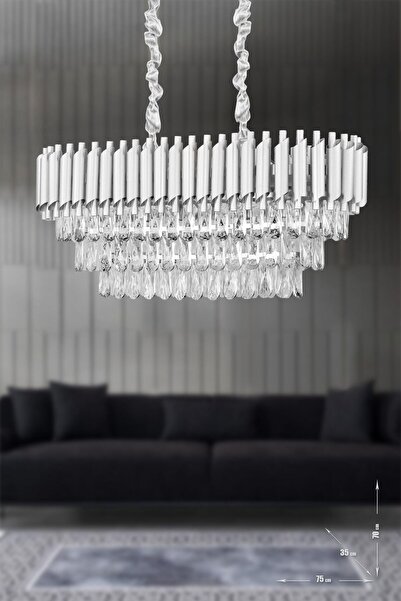 Avizemoda Palmira 75x35 Cm'lik 3 Katlı Prizma Kesim Kristal Taşlı Lüks Avize 6'lı - (gümüş-yaldız)