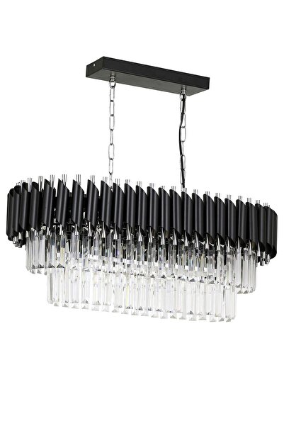Avizemoda Palmira 75x35 Cm Kristal Taşlı Lüks Yemek Masası Üstü Avize 6'lı - (SİYAH-KROM)