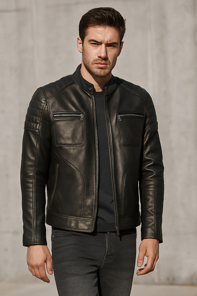 Basics&More سترة جلدية سوداء للدراجين بتفاصيل سحاب للرجال - CMSE105