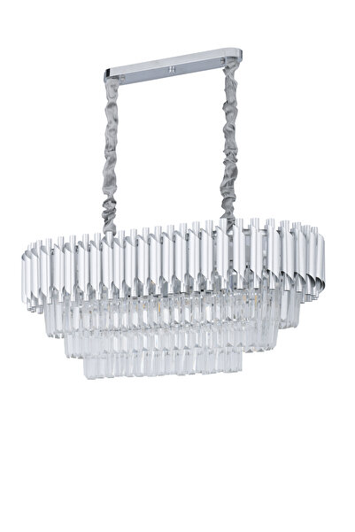 Avizemoda Palmira 75x35 Cm Kristal Taşlı Lüks 3 Katlı Yemek Masası Üstü Avize 6'lı - (Gümüş Yaldız)