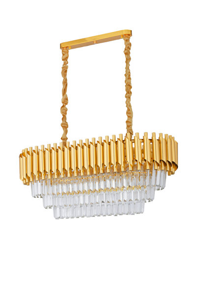 Avizemoda Palmira 75x35 Cm Kristal Taşlı Lüks 3 Katlı Yemek Masası Üstü Avize 6'lı - (Sarı Yaldız)