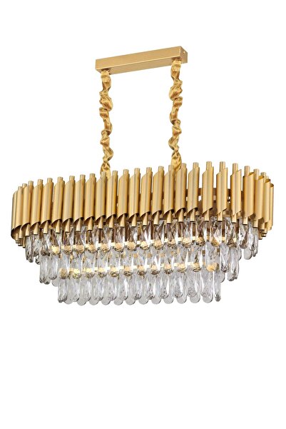 Avizemoda Palmira 75x35 Cm'lik 3 Katlı Prizma Kesim Kristal Taşlı Lüks Avize 6'lı - (sarı-yaldız)