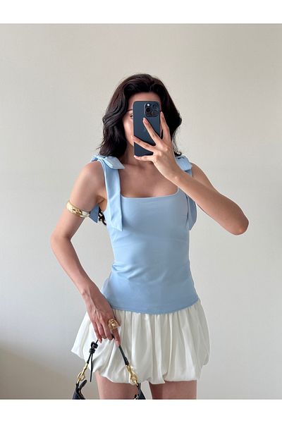 LOCH BUTİK Bluză albastră cu fundă de umăr pentru femei