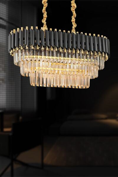 Avizemoda Palmira 75x35 Cm Kristal Taşlı 3 Katlı Lüks Yemek Masası Üstü Avize 6'lı - (siyah-gold)