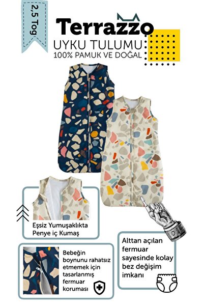 Hibboux Terazzo %100 Pamuk Kumaş Nano Dolgu Kolsuz 2.5 Tog Taş Desen Uyku Tulumu - Lacivert